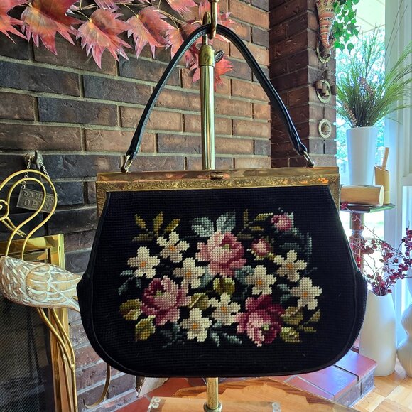 Vintage Handbags - Vintage Black & Floral Needlepoint / Tapestry Bag, Gold Embossed Metal Hardware